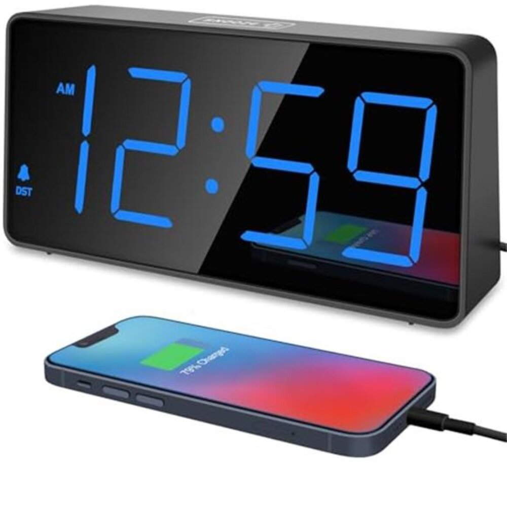 Digital Alarm Clock Large LED Numbers Loud Alarm USB Charger Bedside Clock Blue